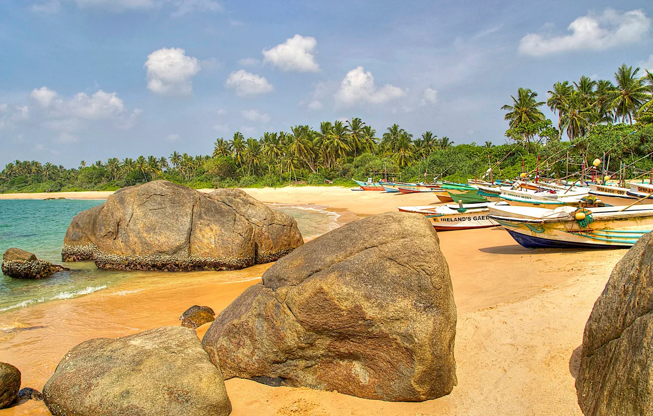 Photo wallpaper sand, sea, beach, the sky, the sun, clouds, tropics, stones