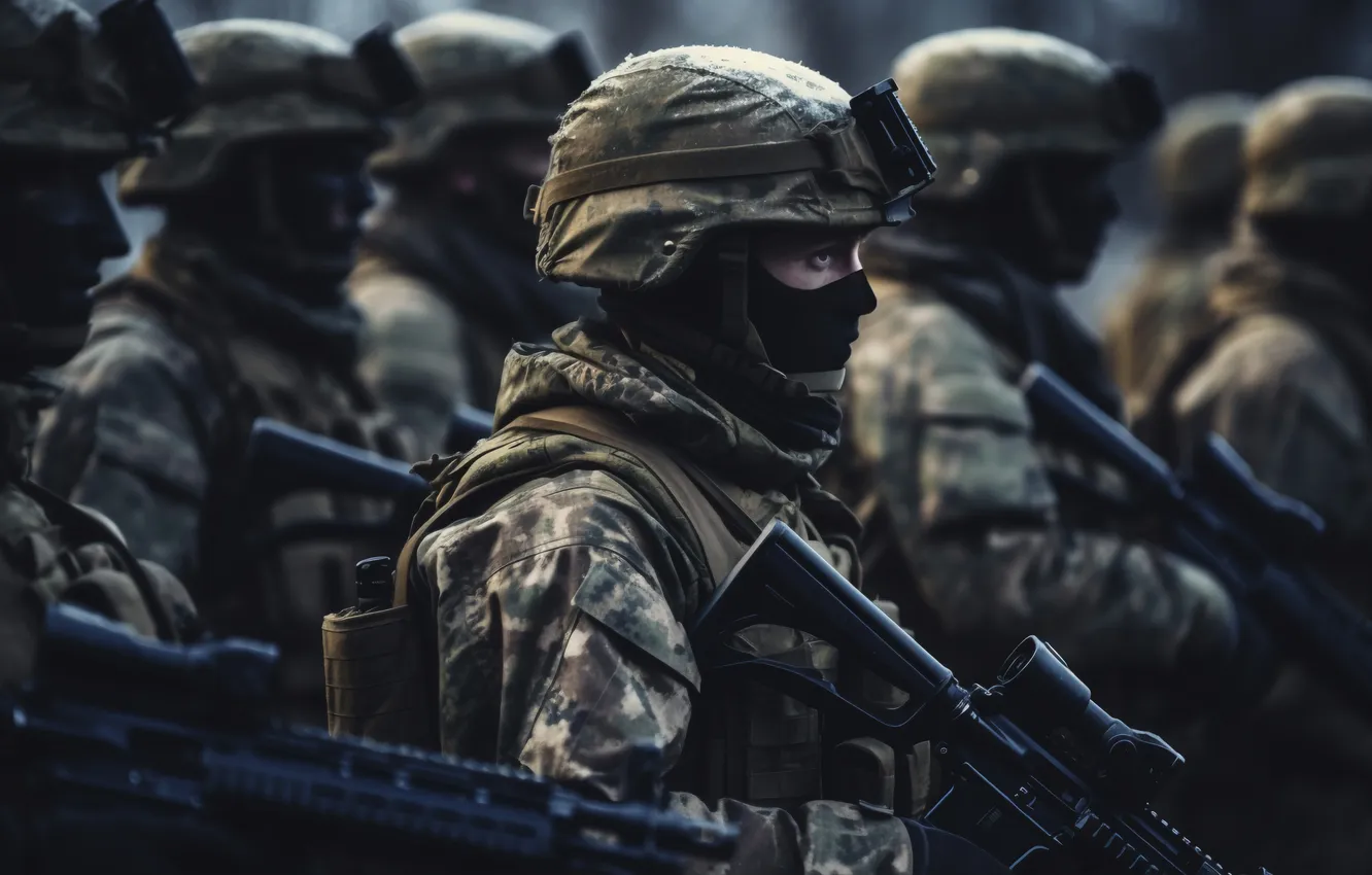 Photo wallpaper soldiers, machine, male, side, helmet, digital art, AI art, The Art of Artificial Intelligence