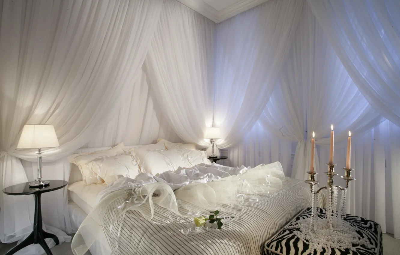 Photo wallpaper white, light, design, lamp, furniture, bed, candles, Suite