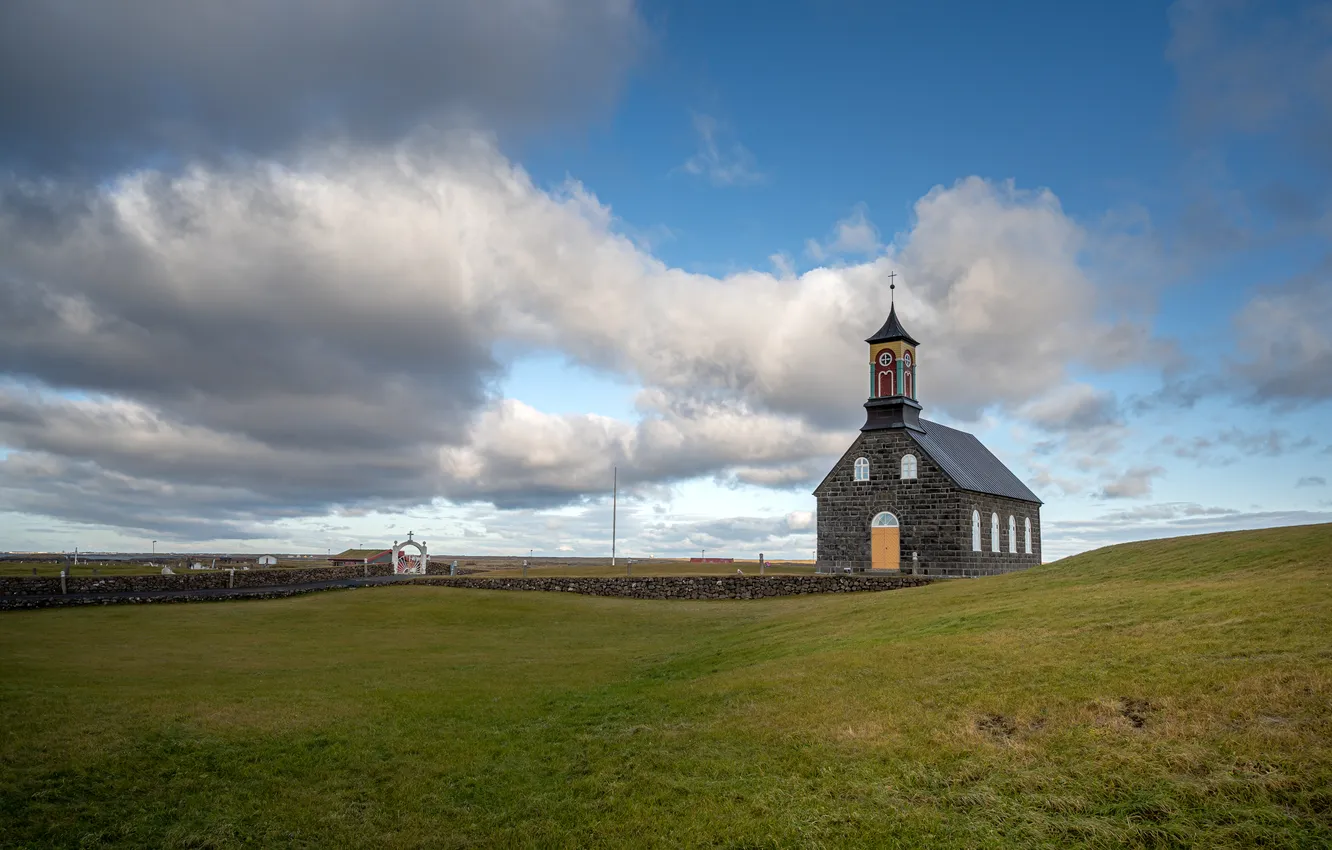 Photo wallpaper field, the sky, clouds, blue, dal, Church