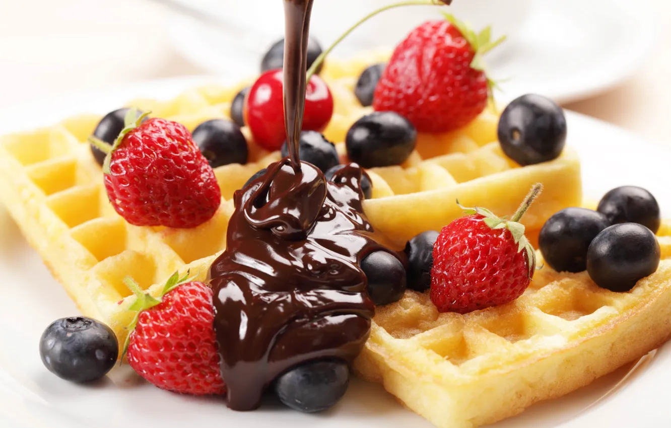 Photo wallpaper berries, chocolate, waffles