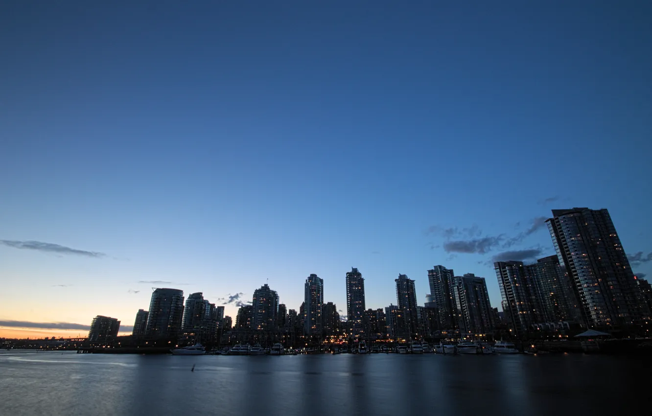 Photo wallpaper Canada, twilight, skyline, water, shore, buildings, downtown, Vancouver