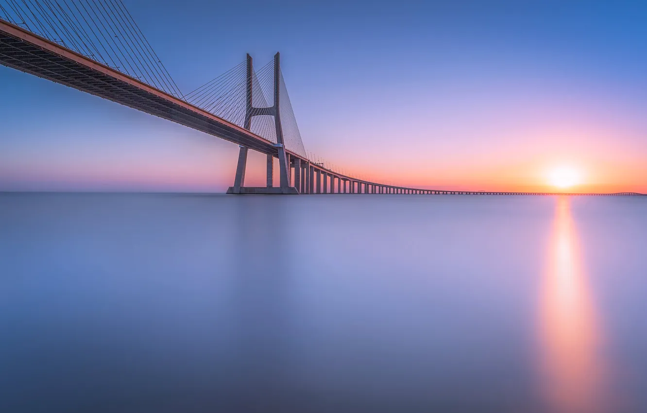 Photo wallpaper bridge, river, sunrise, dawn, Portugal, Lisbon, Portugal, Lisbon