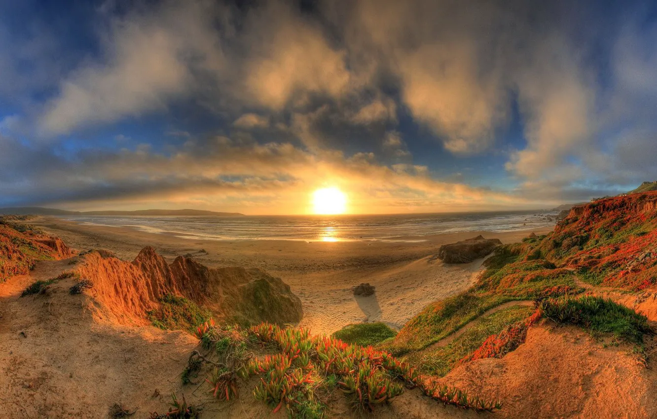 Photo wallpaper sea, sunset, shore, panorama