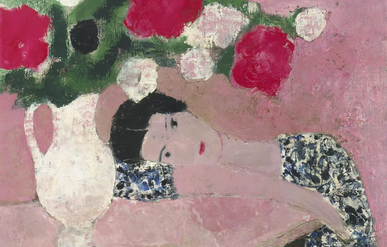 Photo wallpaper girl, bouquet, picture, peonies, Andre Brasilier