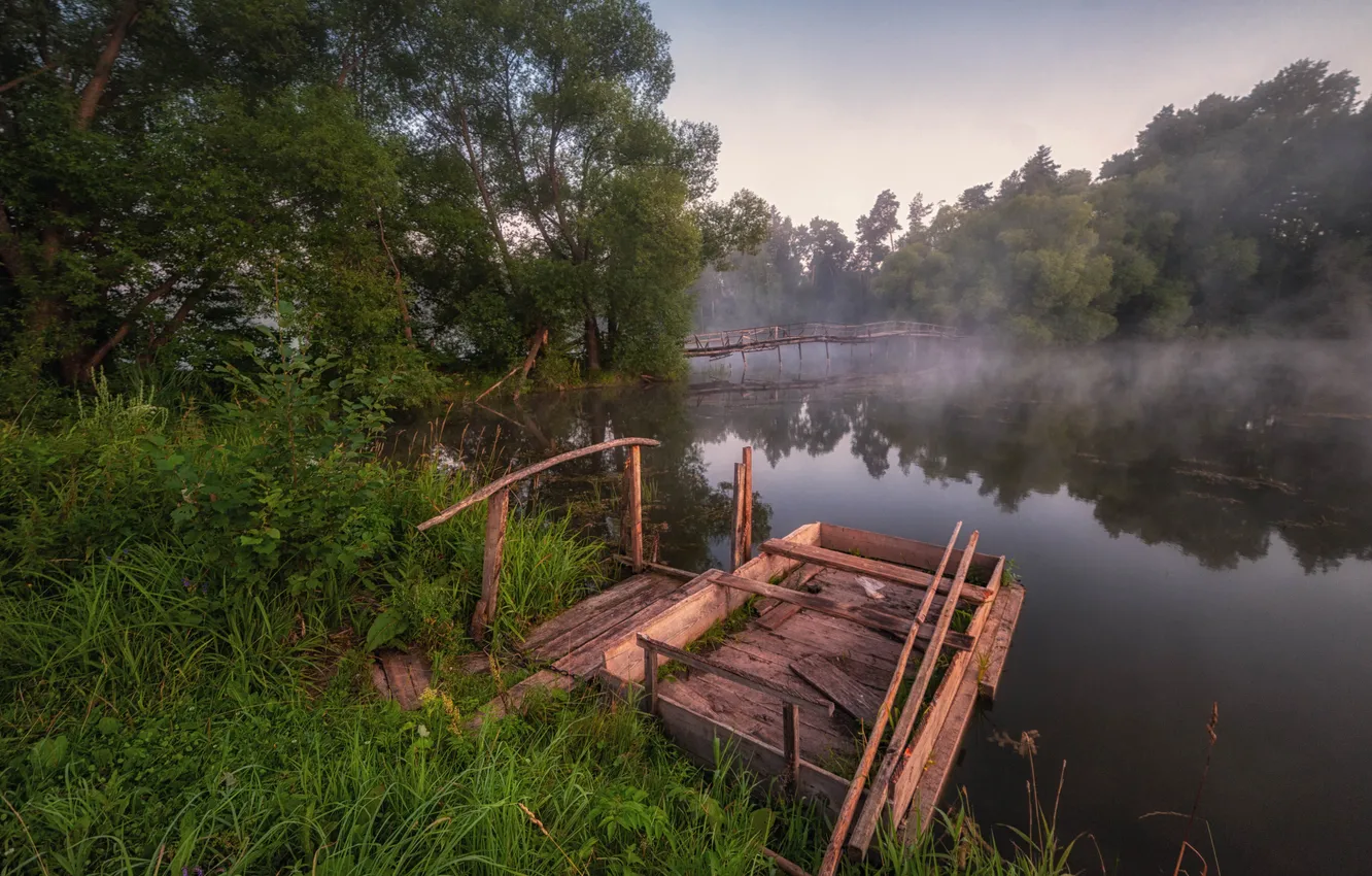 Photo wallpaper grass, trees, nature, lake, the raft, Andrey Malygin