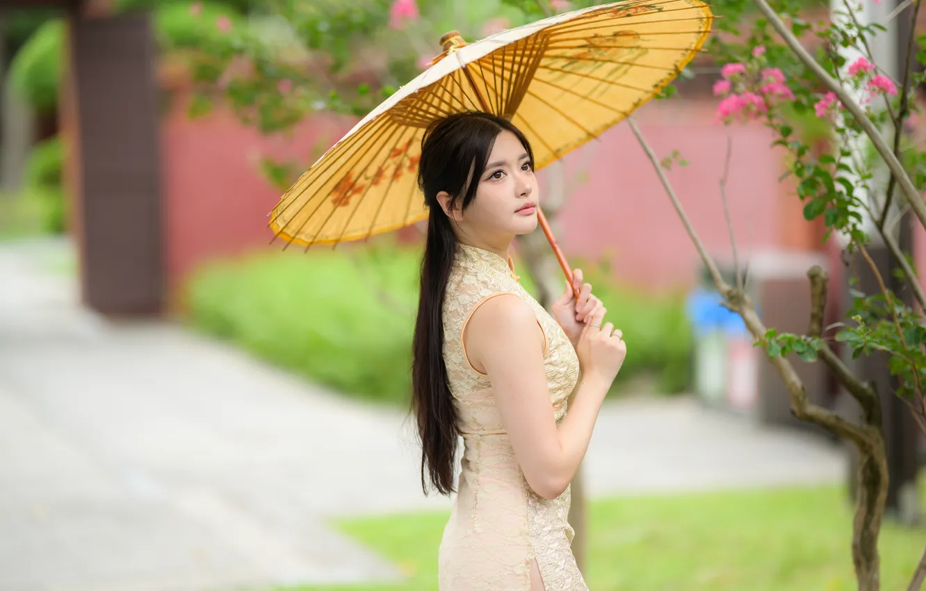 Photo wallpaper umbrella, dress, Asian, bokeh