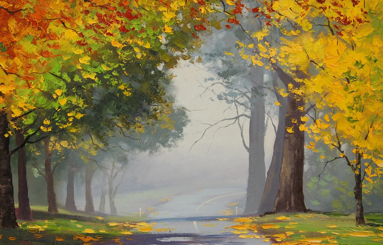Photo wallpaper road, autumn, asphalt, leaves, trees, landscape, yellow, art