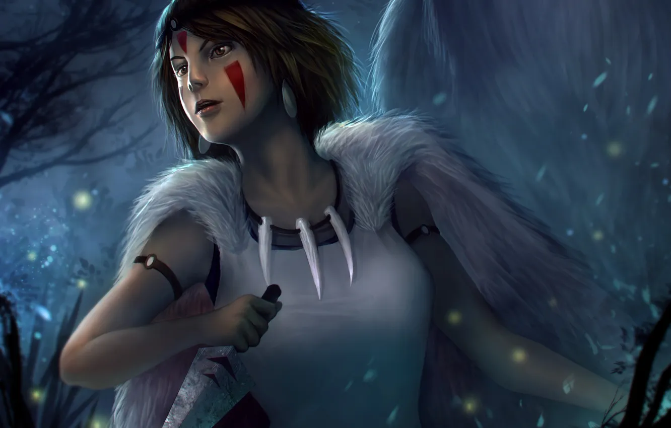 Photo wallpaper girl, night, art, knife, fur, coloring, Cape, Princess Mononoke