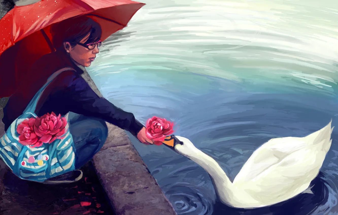 Photo wallpaper ART, GIRL, FLOWERS, FIGURE, ASIAN, SWAN, UMBRELLA, HANDBAG