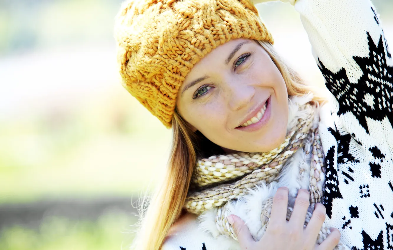 Photo wallpaper look, girl, smile, cap, sweater, gray-eyed