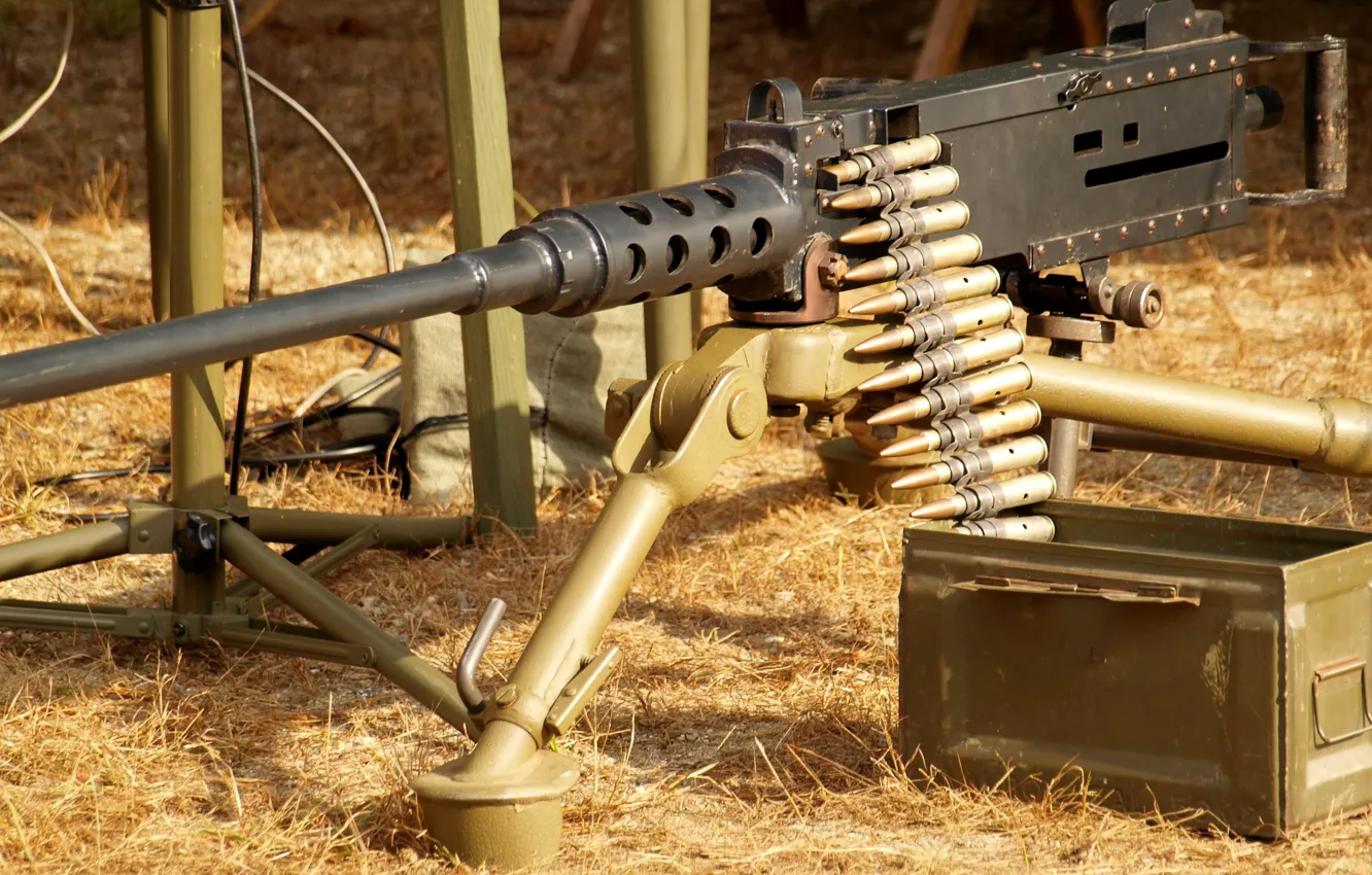 Photo wallpaper machine gun, easel, machine gun, Browning M2, tape cartridges