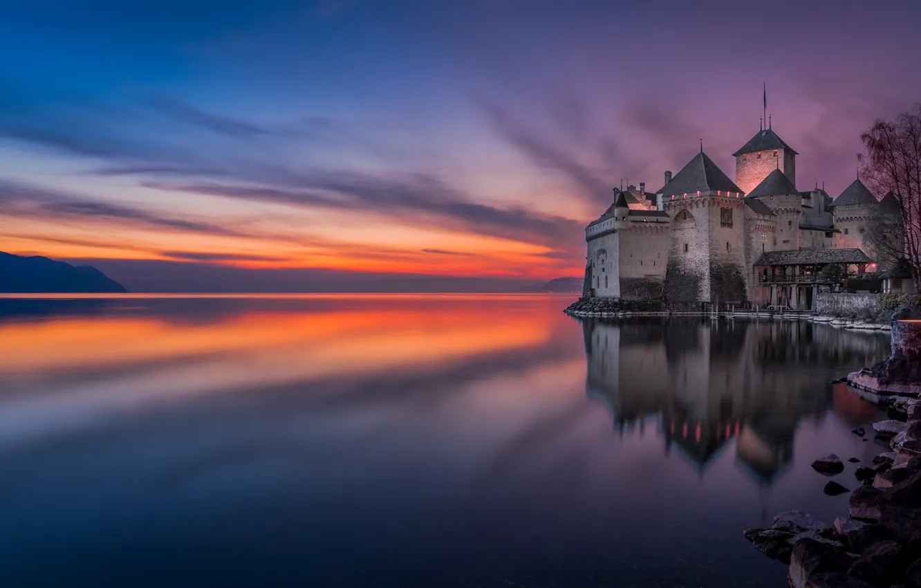 Photo wallpaper sunset, lake, reflection, castle, Switzerland, Switzerland, Lake Geneva, Chillon castle