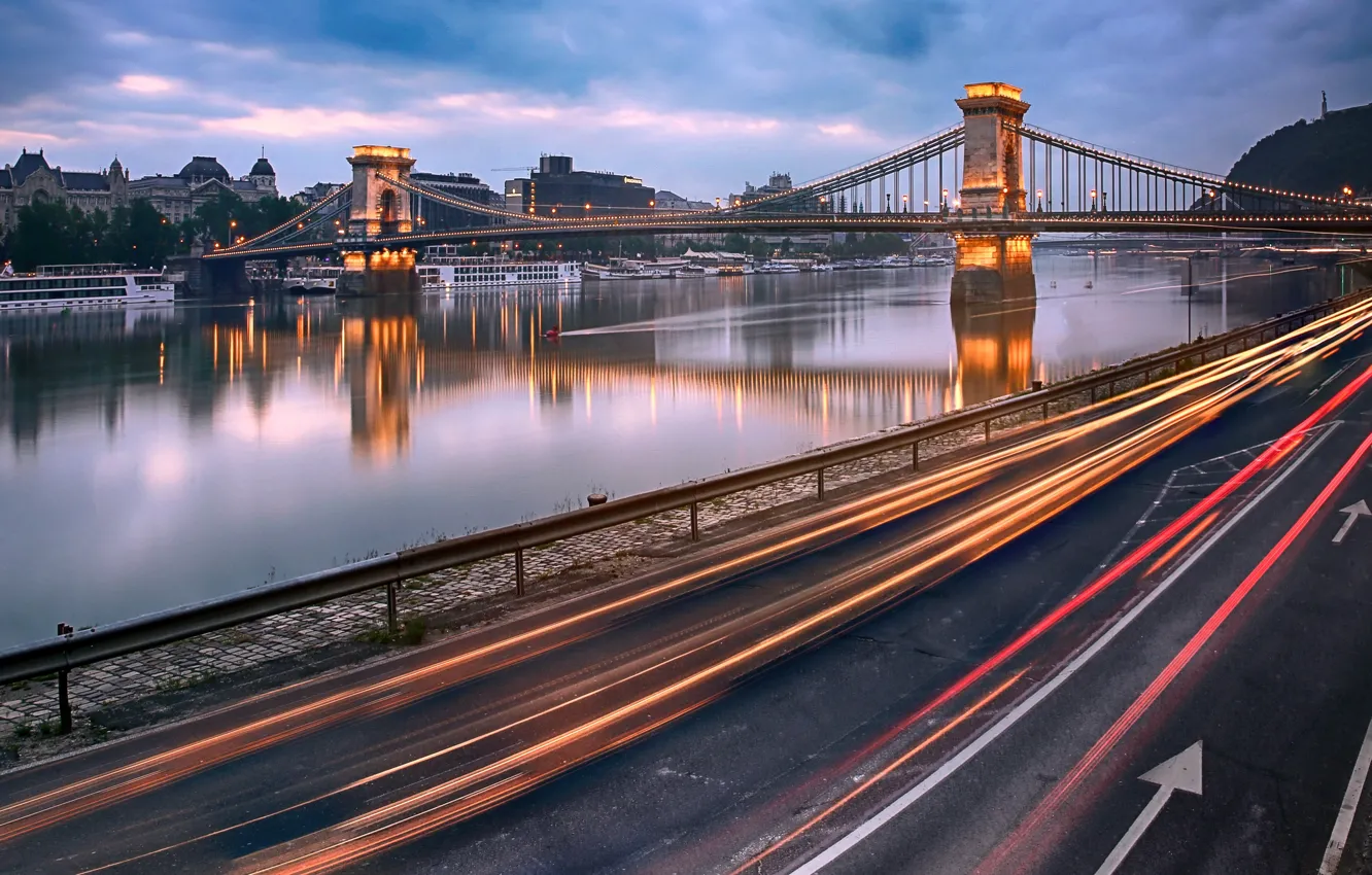Photo wallpaper Hungary, Budapest, light trails, Danube River, Chain Bridge