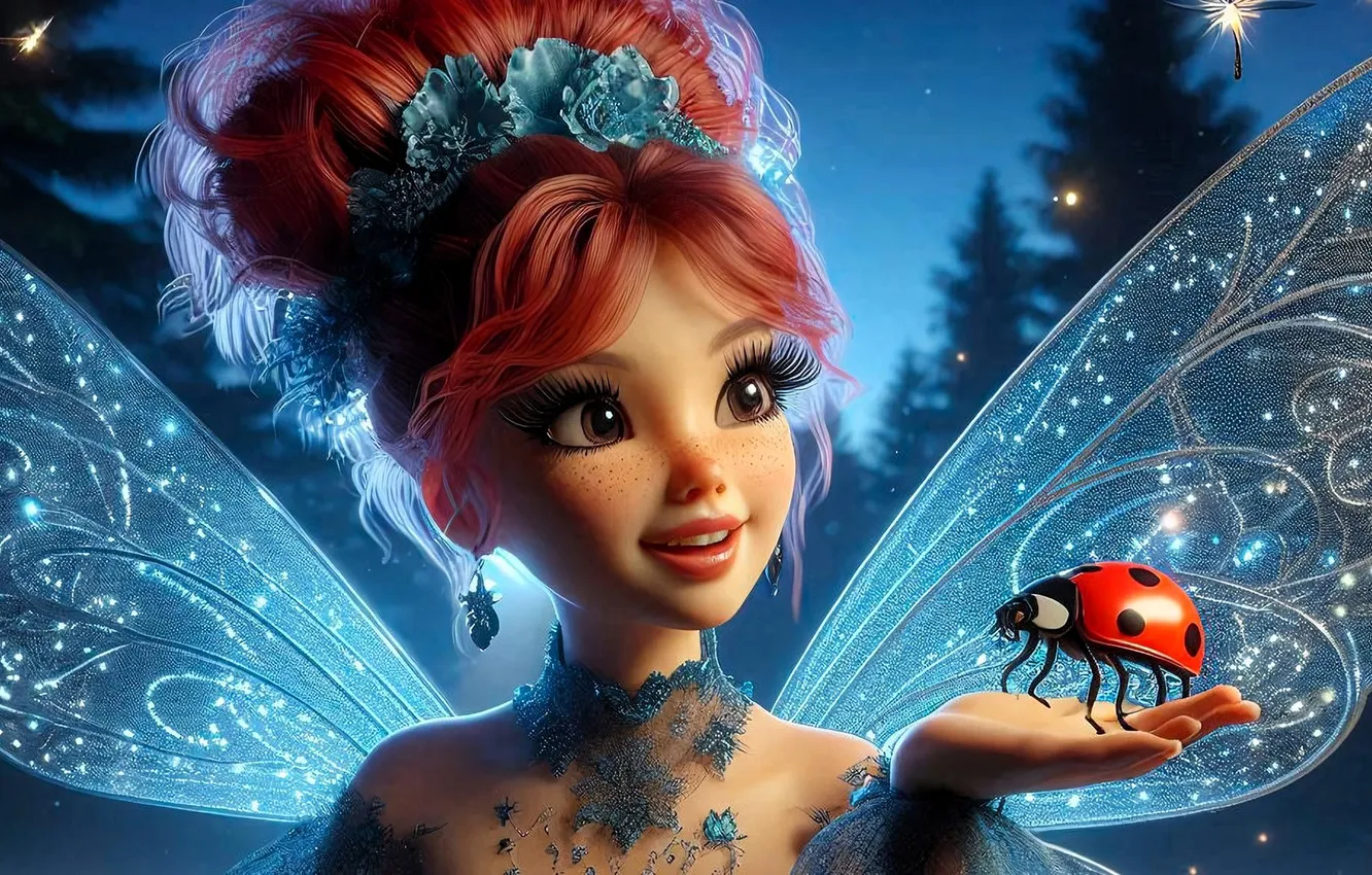 Photo wallpaper forest, girl, decoration, face, ladybug, wings, fairy, red