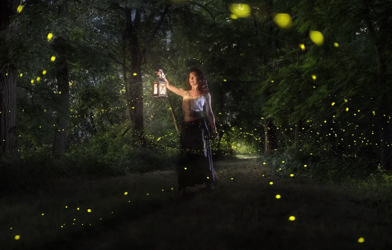 Photo wallpaper forest, girl, magic, magic, lights, flashlight
