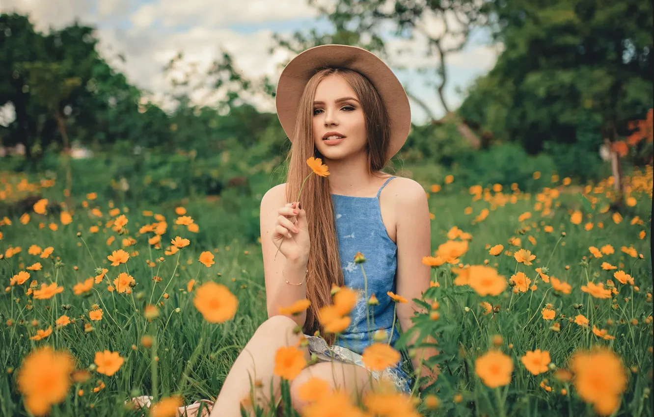 Photo wallpaper girl, landscape, flowers, nature, hat, meadow, brown hair