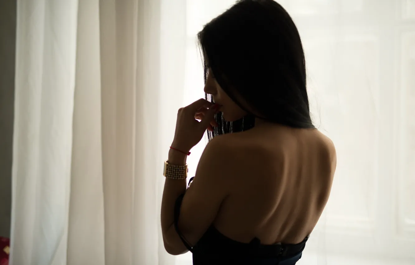 Photo wallpaper girl, model, feelings, dress, brunette, touch, light, back