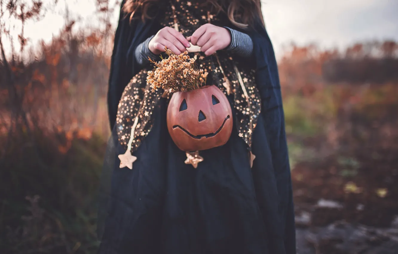 Photo wallpaper autumn, girl, witch, Halloween, Jack
