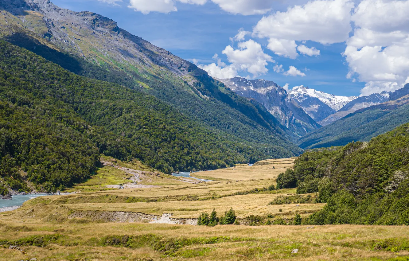 Photo wallpaper clouds, mountains, valley, river