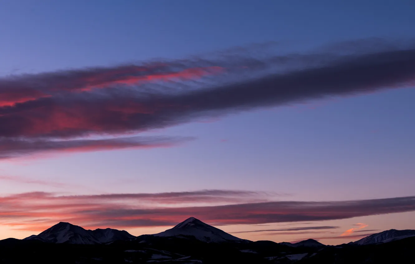 Photo wallpaper the sky, clouds, sunset, mountains, widescreen, panorama, twilight, silhouettes