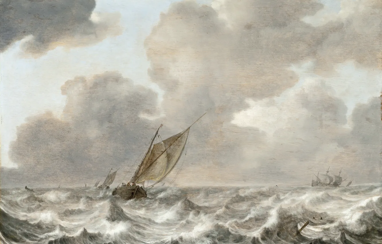 Photo wallpaper wave, the sky, clouds, storm, boat, ship, picture, Jan Porcellis