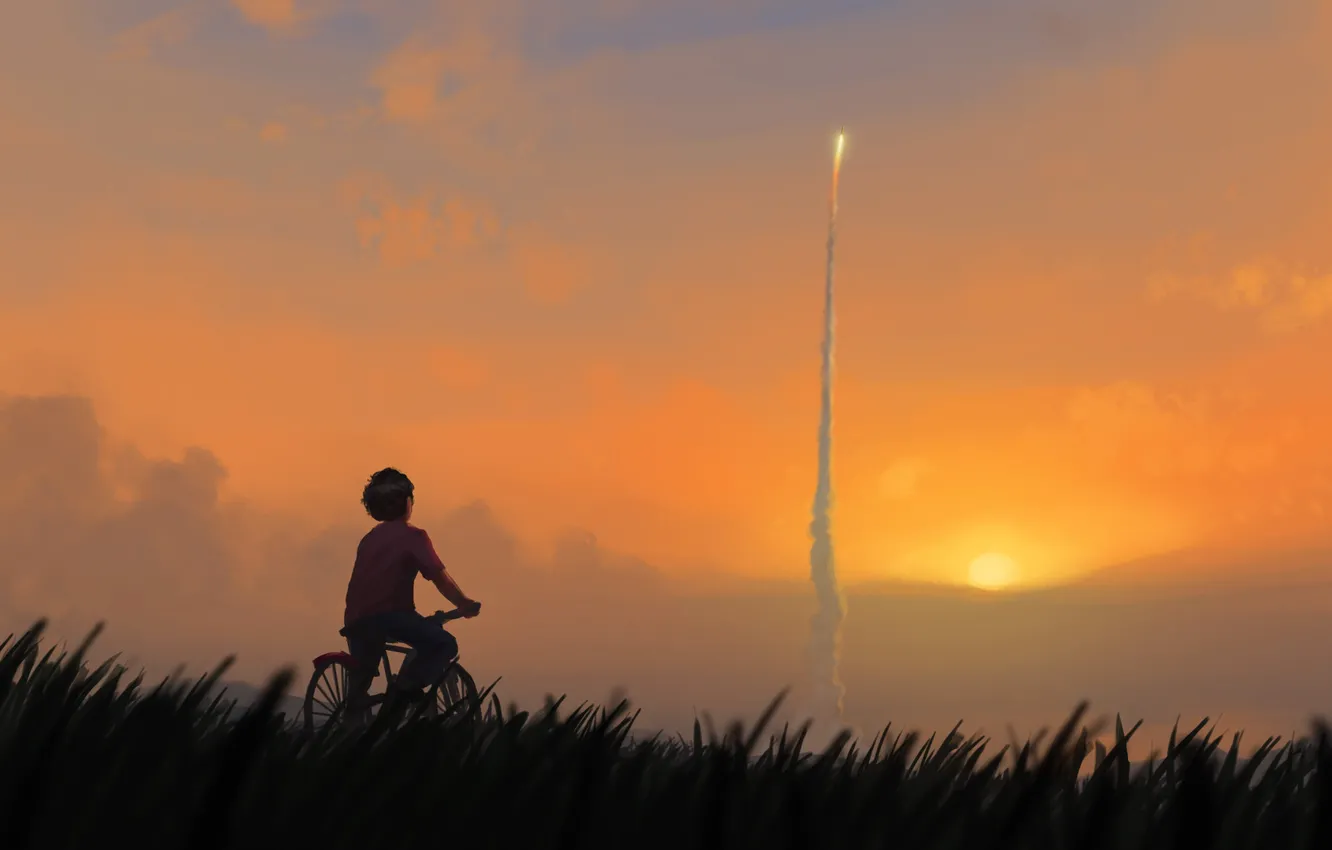 Photo wallpaper Sunset, The sun, Boy, Rocket, Bike, Art, Start, Start