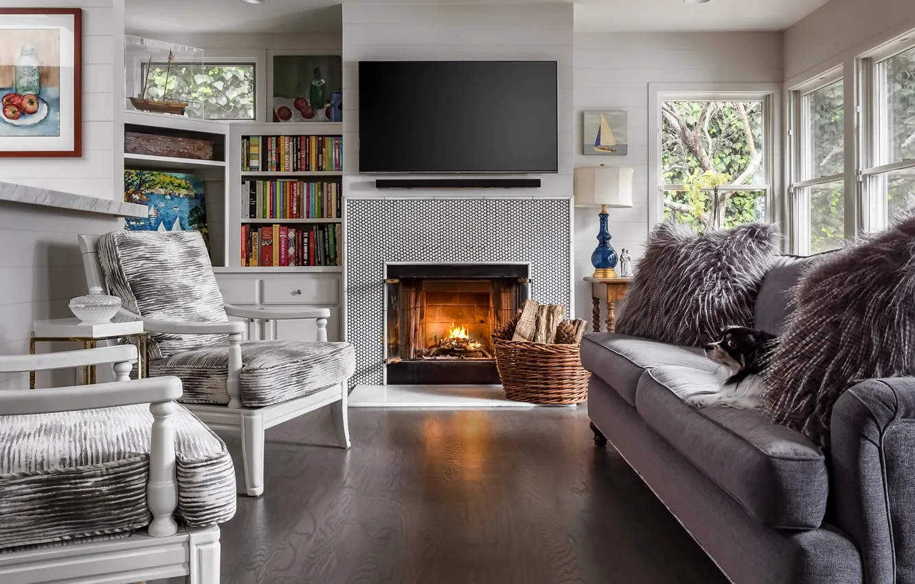 Photo wallpaper sofa, books, chair, fireplace, chair, living room, plasma, living room