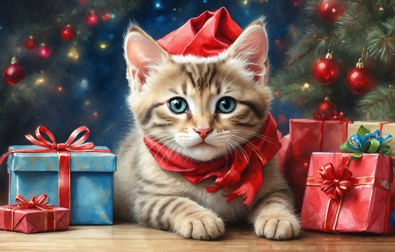 Photo wallpaper cat, look, balls, branches, pose, box, gift, sweetheart