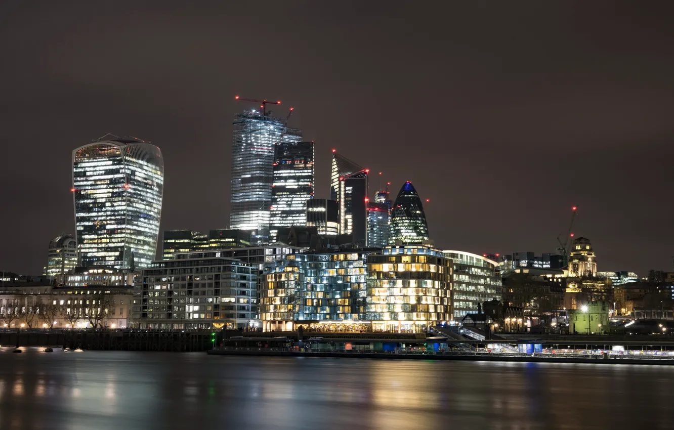 Photo wallpaper night lights, long exposure, London skyline, Modern architecture
