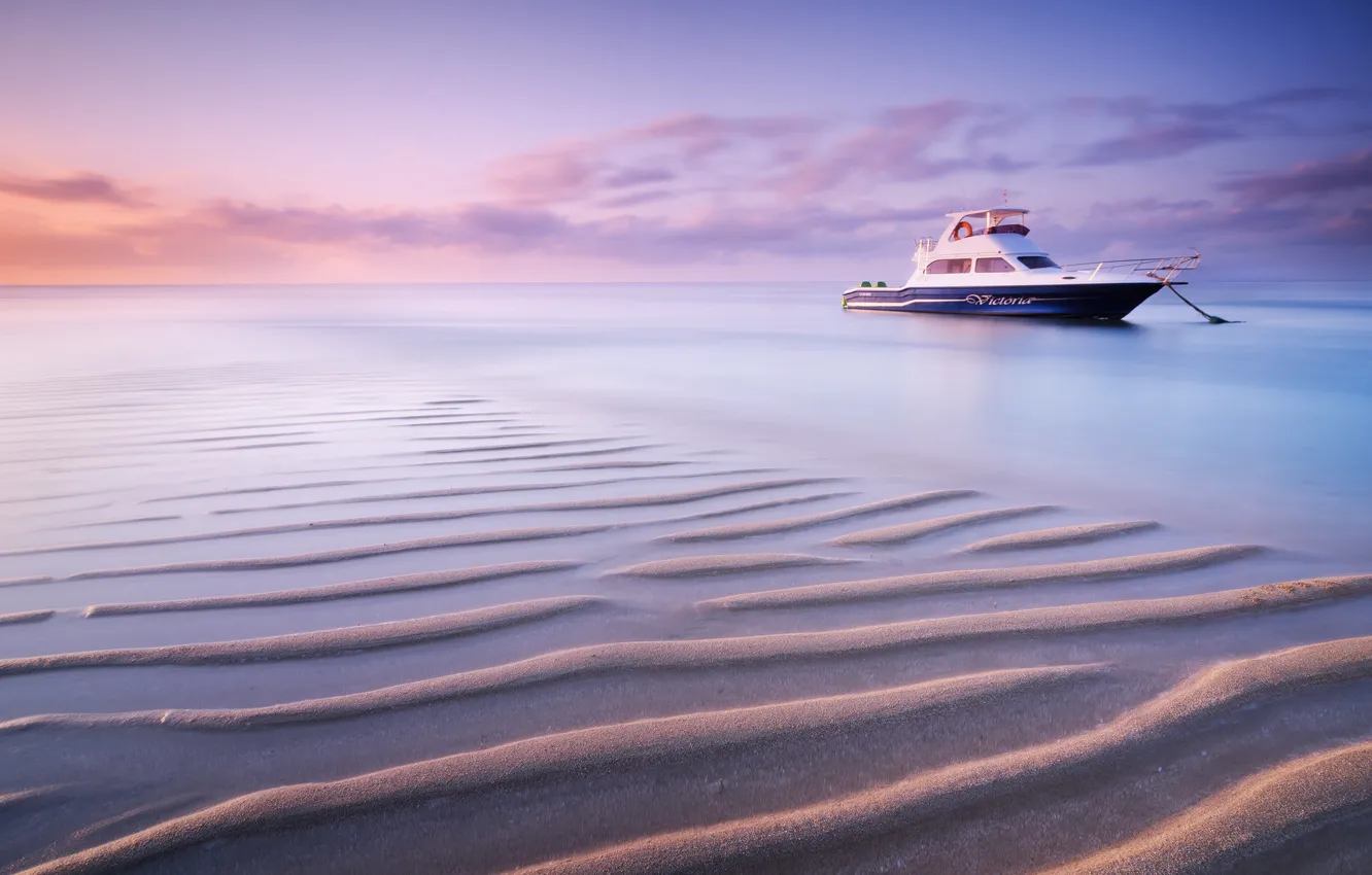 Photo wallpaper sand, beach, the ocean, dawn, boat