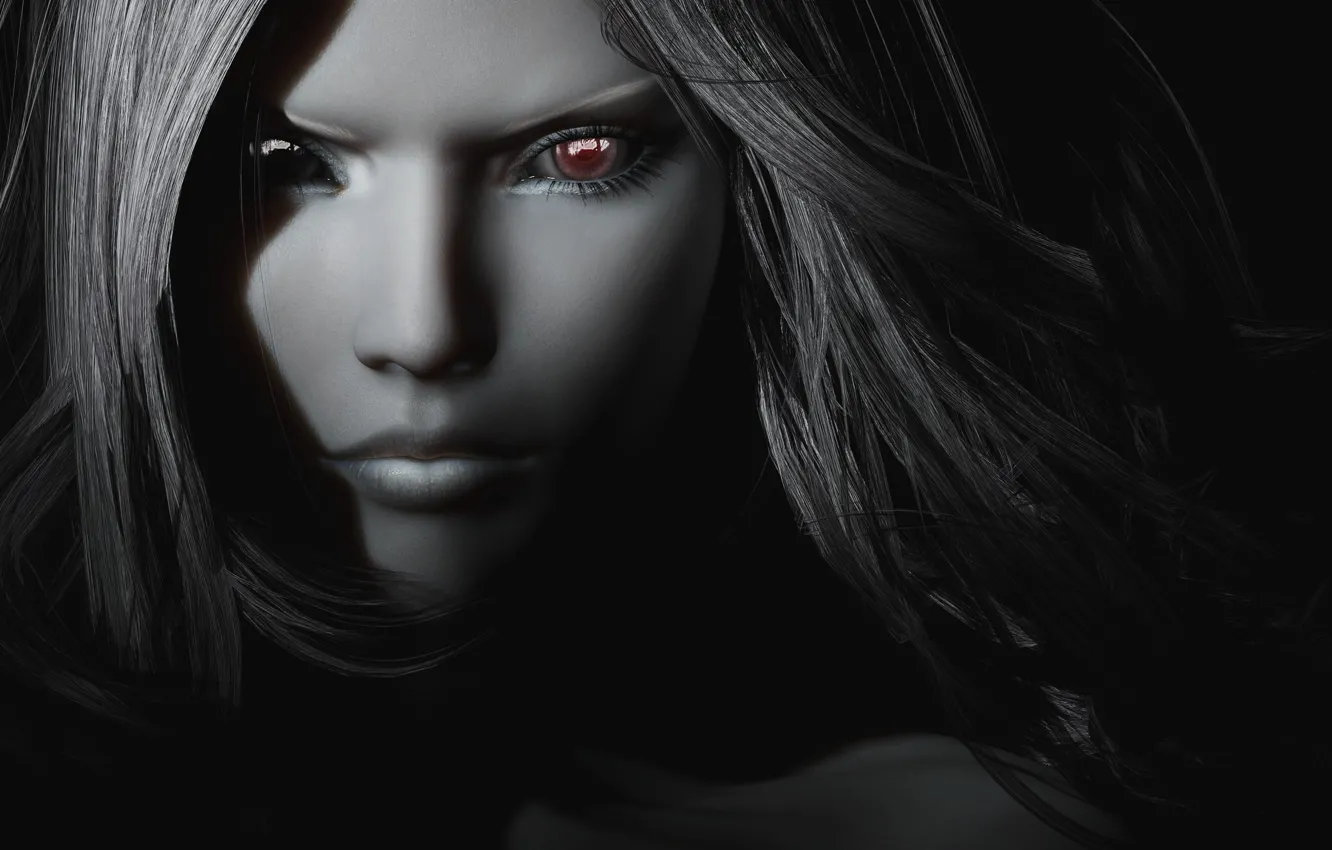 Photo wallpaper eyes, girl, rendering, hair, black and white, vampire
