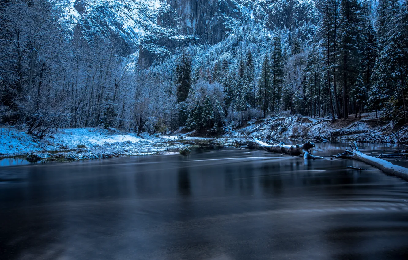 Photo wallpaper winter, snow, trees, river, rocks, CA, USA, Yosemite