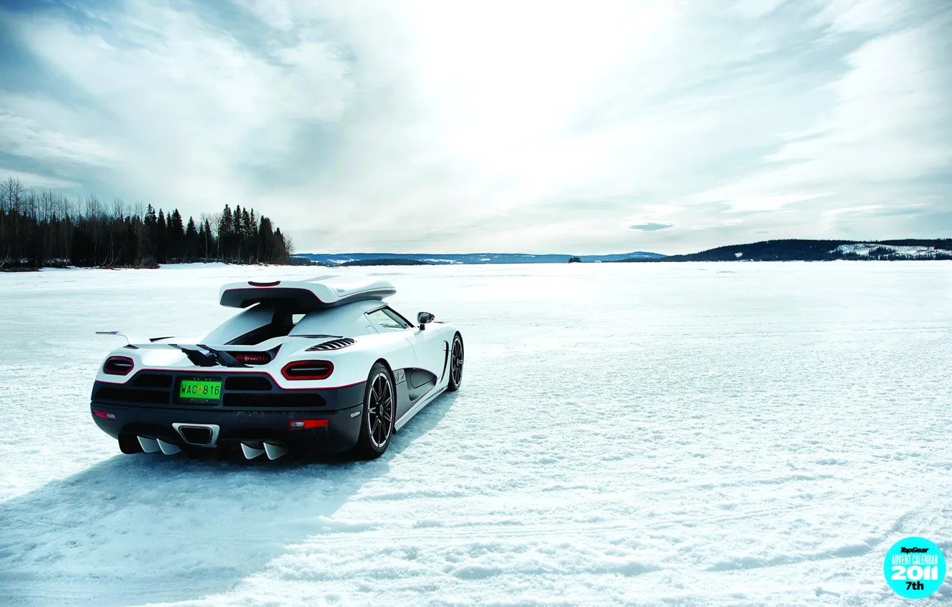 Photo wallpaper winter, forest, the sky, snow, lake, the trunk, supercar, rear view