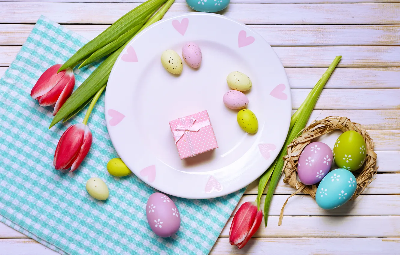 Photo wallpaper flowers, eggs, spring, colorful, Easter, red, flowers, tulips