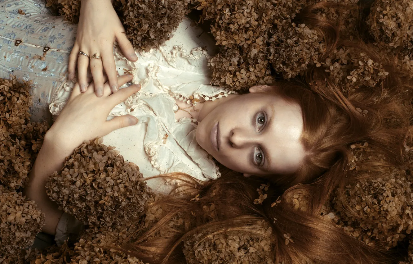 Photo wallpaper hair, red, mood, hydrangea, style