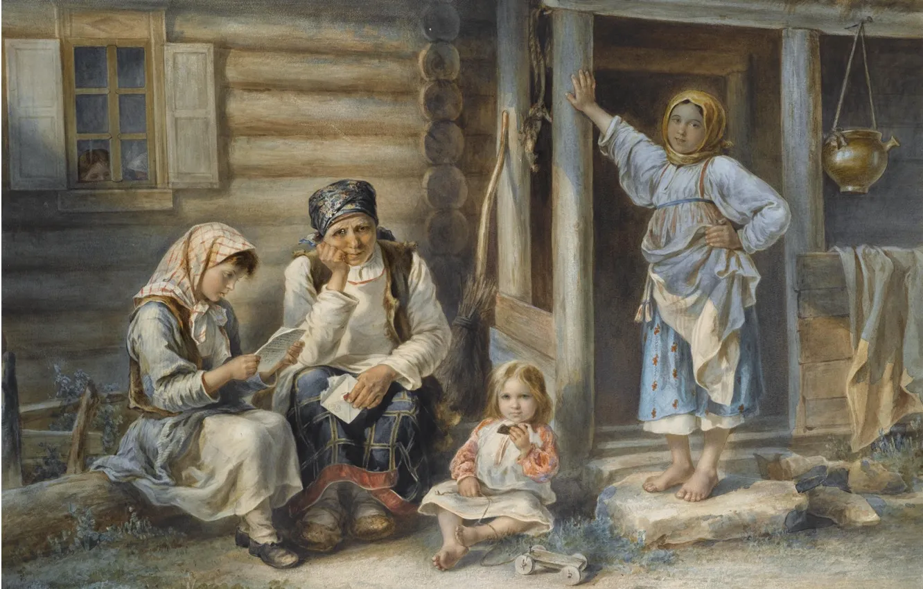 Photo wallpaper 1872, Aleksei Ivanovich Strelkovsky, THE VILLAGE SCHOOL, watercolour