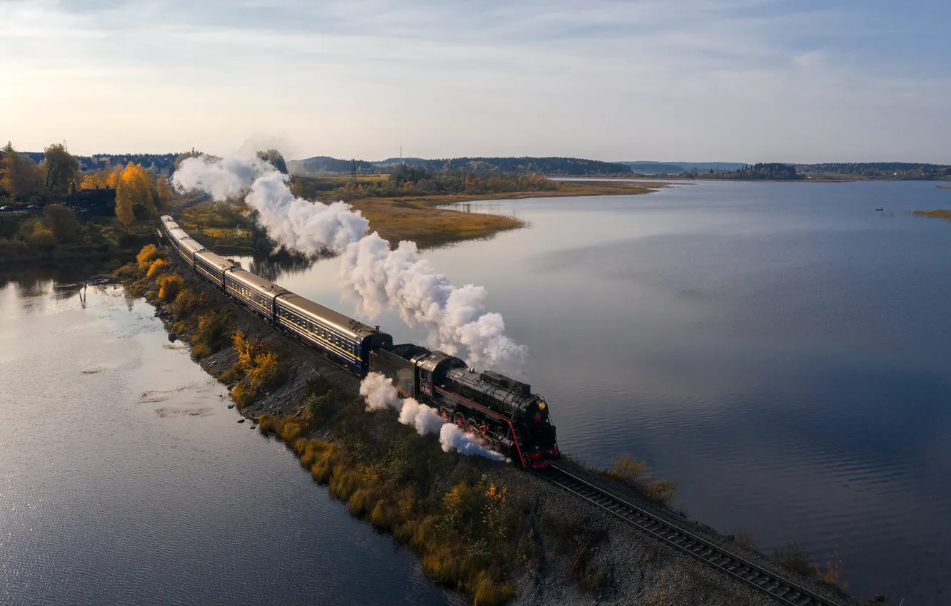 Photo wallpaper landscape, nature, lake, train, reserve, Karelia, Ruskeala, Andrey Bazanov