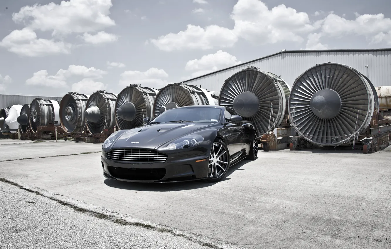 Photo wallpaper grey, Aston Martin, DBS, hangar, Aston Martin, grey, DBS, aircraft engines