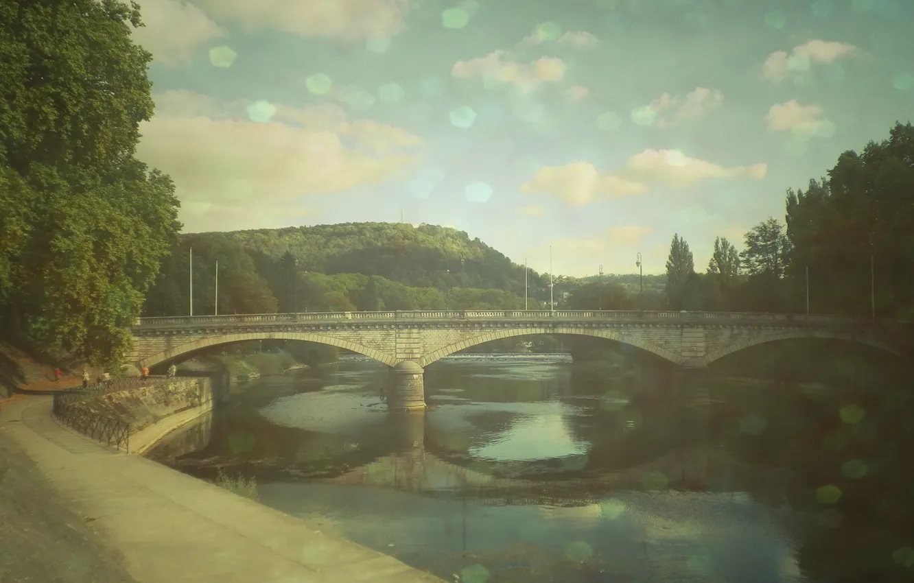 Photo wallpaper the sky, clouds, bridge, nature, river, for, people