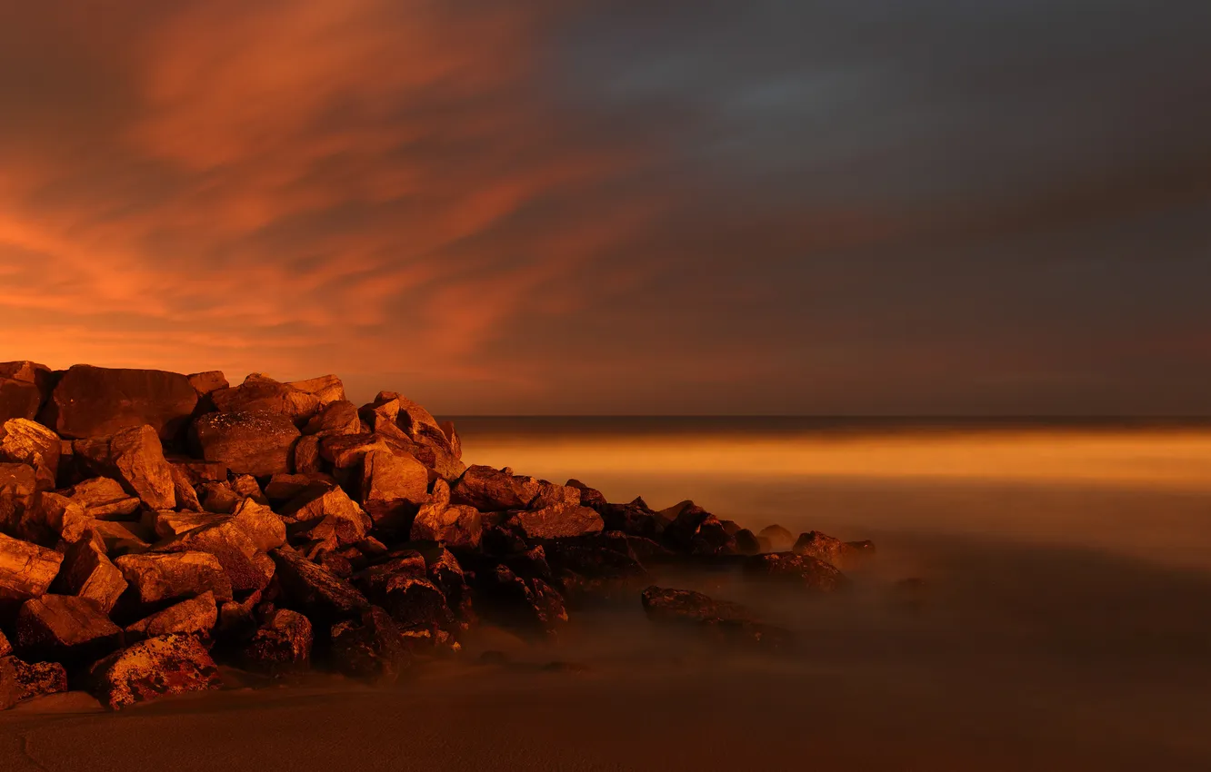 Photo wallpaper sea, sunset, stones