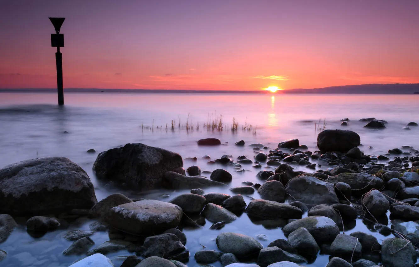 Photo wallpaper sea, sunset, sign