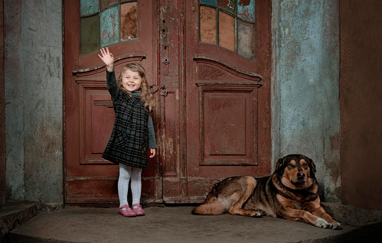 Photo wallpaper joy, laughter, dog, the door, girl, child