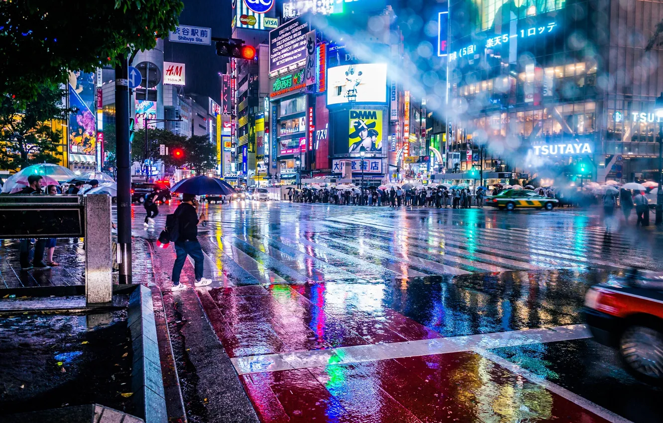 Photo wallpaper wet, light, the city, lights, people, rain, street, umbrella