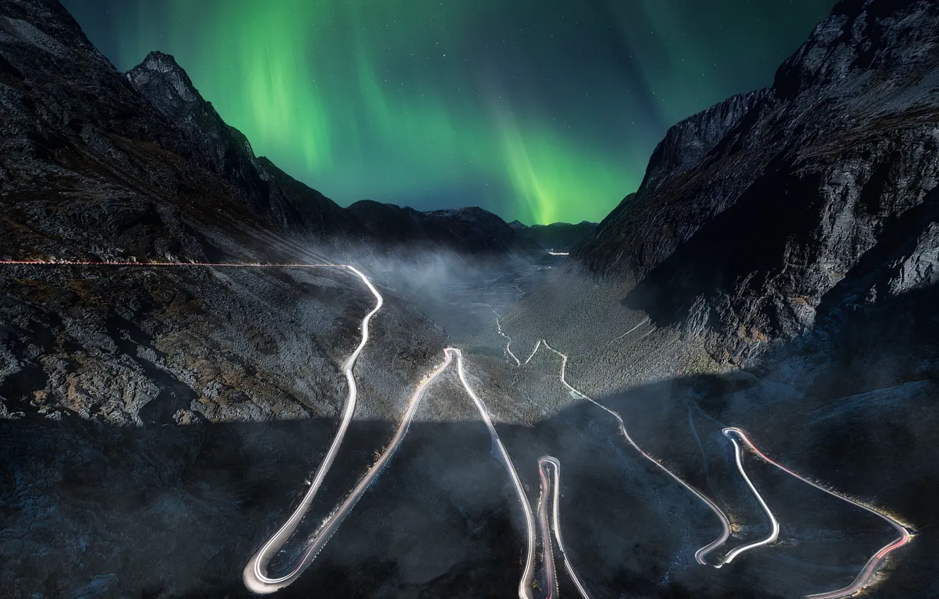 Photo wallpaper road, the sky, mountains, night, Northern lights, valley