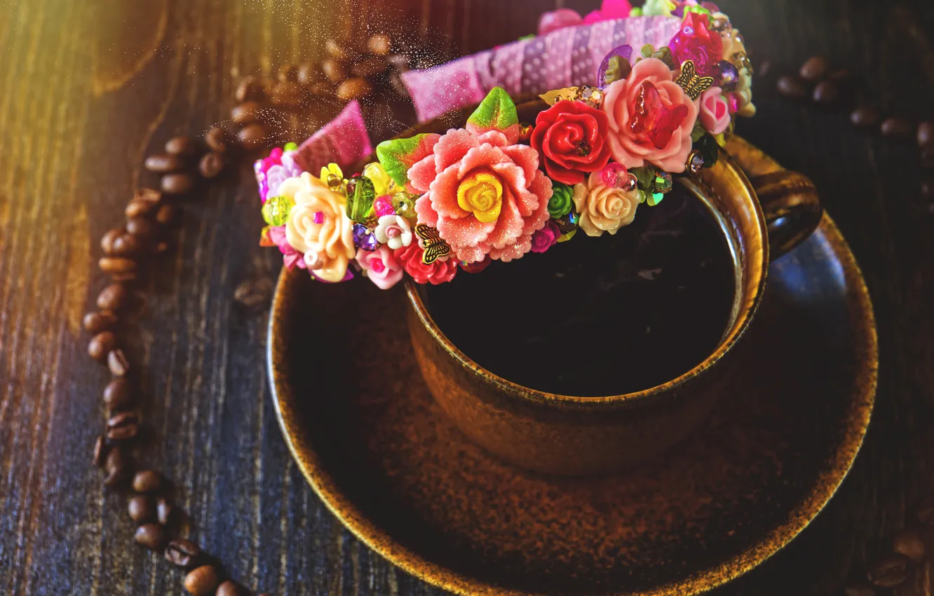 Photo wallpaper decoration, flowers, coffee, grain, Cup, drink, bezel