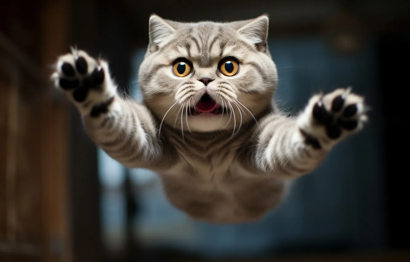 Photo wallpaper cat, cat, look, the dark background, jump, paws, digital art, AI art