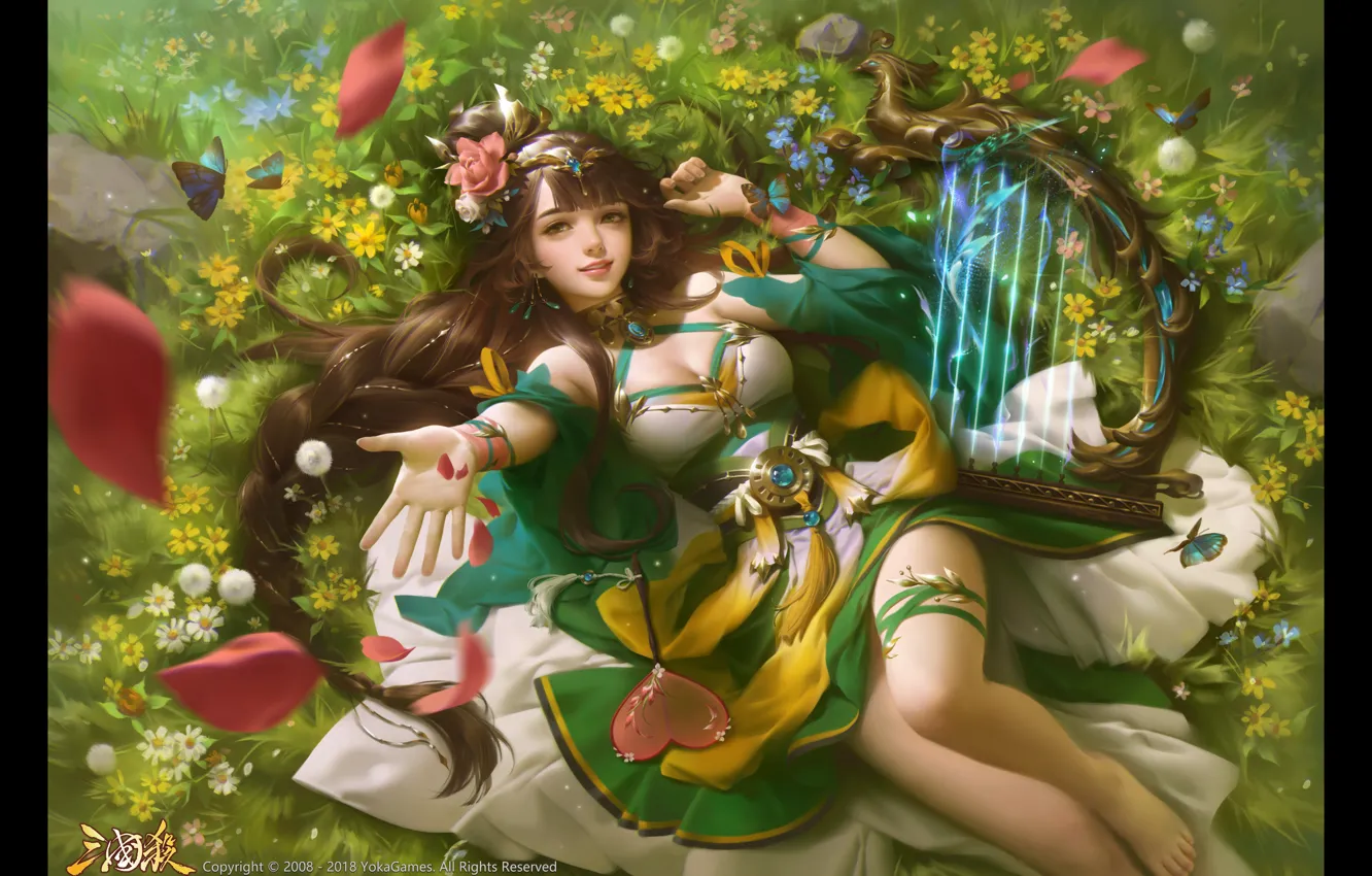 Photo wallpaper girl, flowers, harp, legend of the three kingdoms, yuanzi-lin, zhou fei