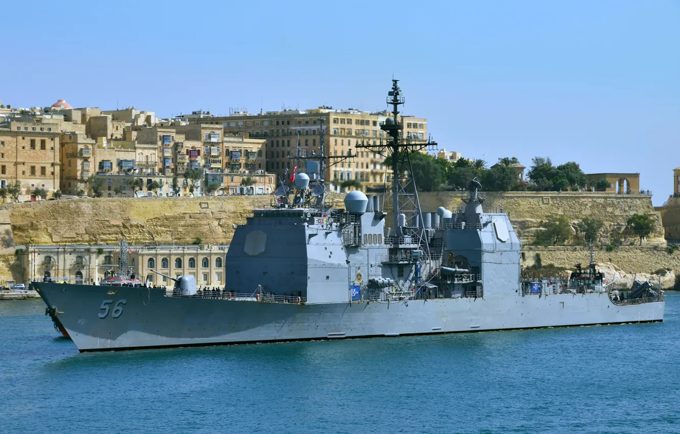 Photo wallpaper cruiser, rocket, Malta, Visit, USS San Jacinto