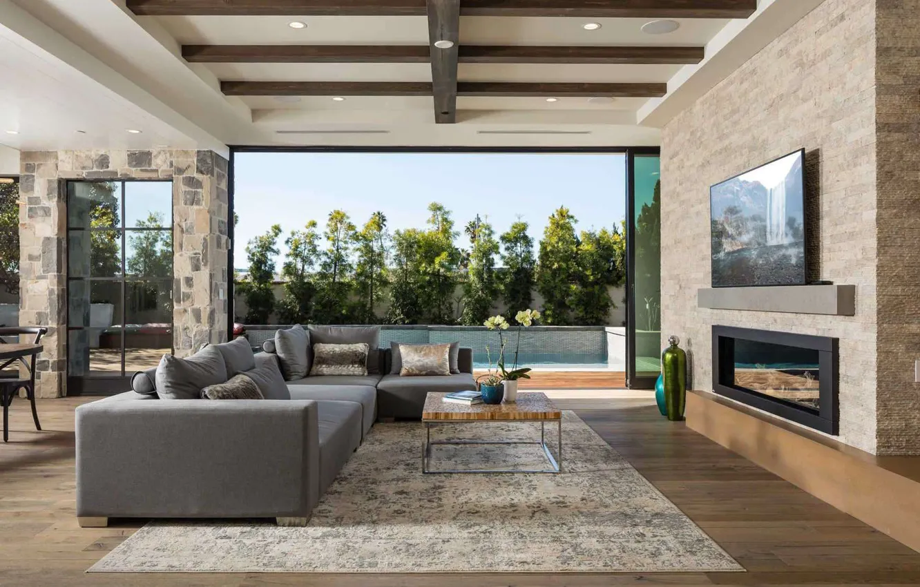 Photo wallpaper design, style, interior, CA, fireplace, living room, dining room, Newport Beach